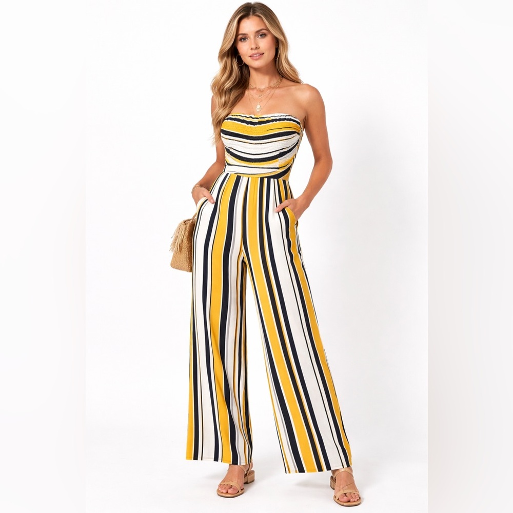for Justify Yellow Striped Strapless Wide Leg Jumpsuit Pockets S